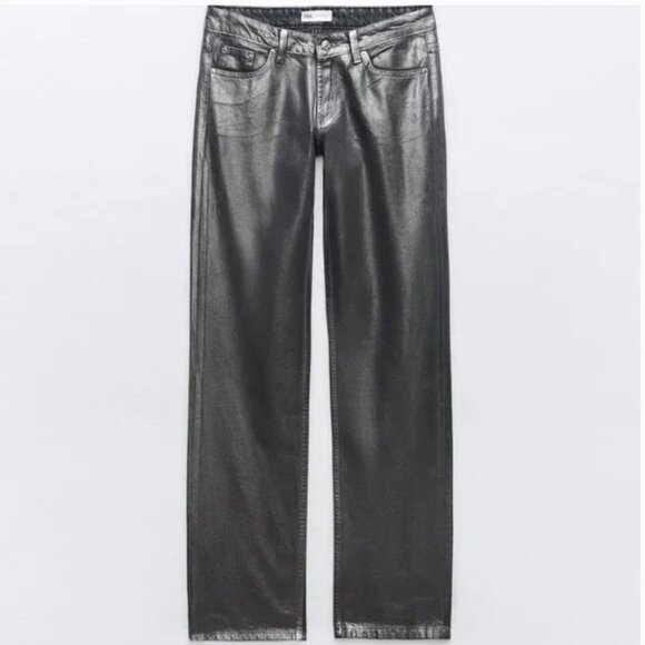 NWT ZARA MID WAIST STRAIGHT LEG FOIL JEANS BLACK - Picture 6 of 6